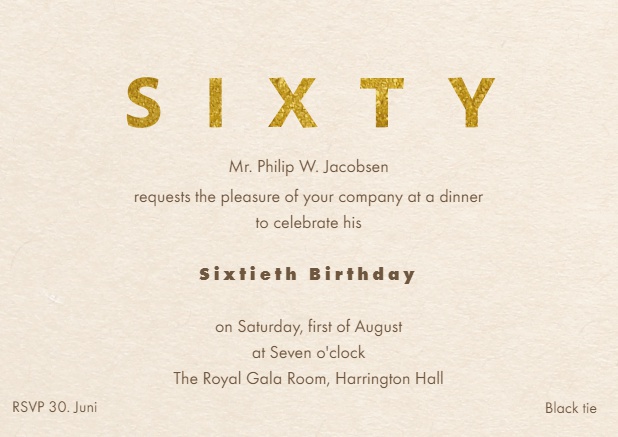 60. Geburtstagseinladungskarte mit goldener SIXTY oben auf Karte