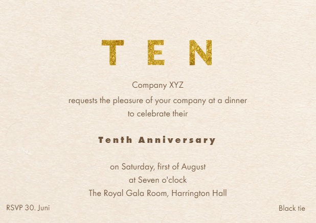 Online invitation card with golden TEN top of card and invitation text.