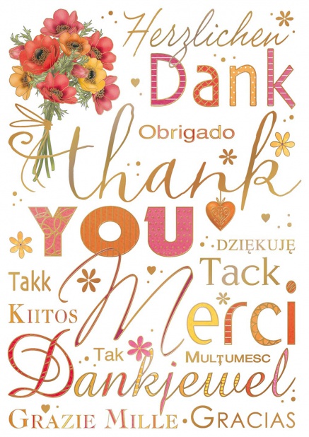 Online Thank you card with flowers and Thank you in many languages Gold.