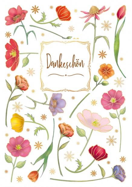 Online Dankeskarte mit Blumen und Dankeschön Text Gold.