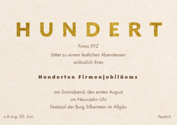 Online Einladungskarte zum 100. Jubiläum mit goldenem HUNDERT Text oben auf Karte