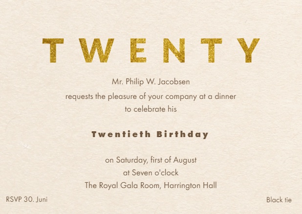 20th Online Invitation card with golden Twenty and invitation text