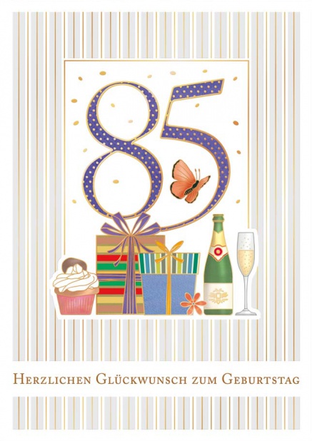 Online Geburtstagskarte zum 85. Geburtstag mit Partysachen Beige.