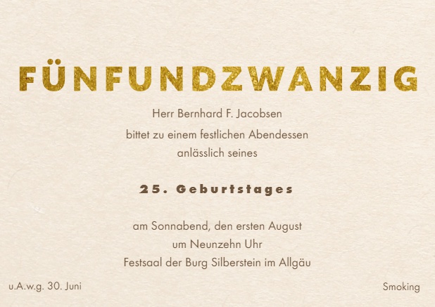 25. Online Einladungskarte mit goldener Funfundzwanzig oben auf Karte und Einladungstext