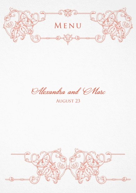Formal menu card for weddings and precious birthdays with red deco at the top.