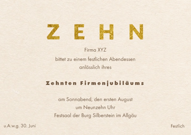 Online Einladungskarte zum 10. Jubiläum mit goldenem ZEHN Text oben auf Karte