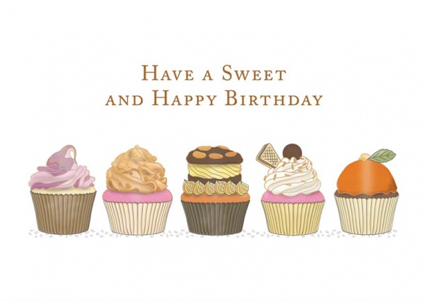 Online birthday card with cupcakes lined up. Beige.