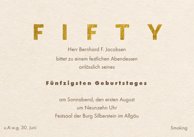 Online Einladungskarte mit FIFTY auf einer Seite