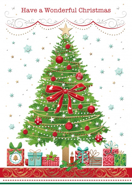 Online Weihnachtskarte mit Weihnachtsbaum und Geschenken