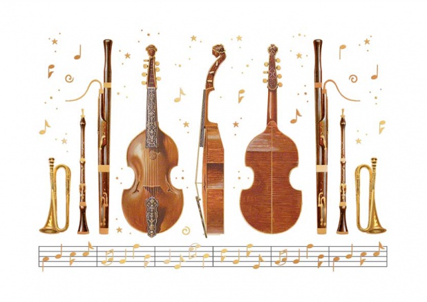 Online correspondence card with Strings and Wind instruments Brown.