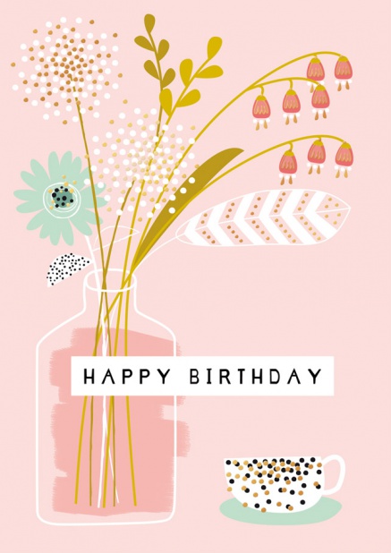 Online Birthday Card with flowers in a vase and Happy Birthday text Gold.