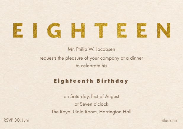 Online invitation card with golden EIGHTEEN top of card and invitation text.