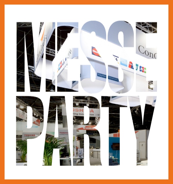 Online Einladungskarte mit ausgeschnittenem Text Messe Party Orange.