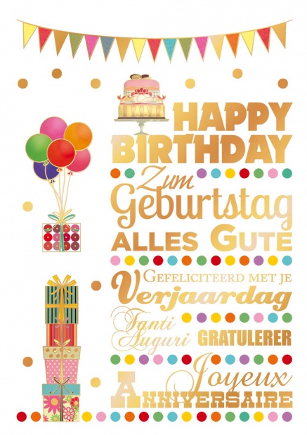 Online Geburtstagskarte mit vielen Happy Birthday in vielen Sprachen Blau.