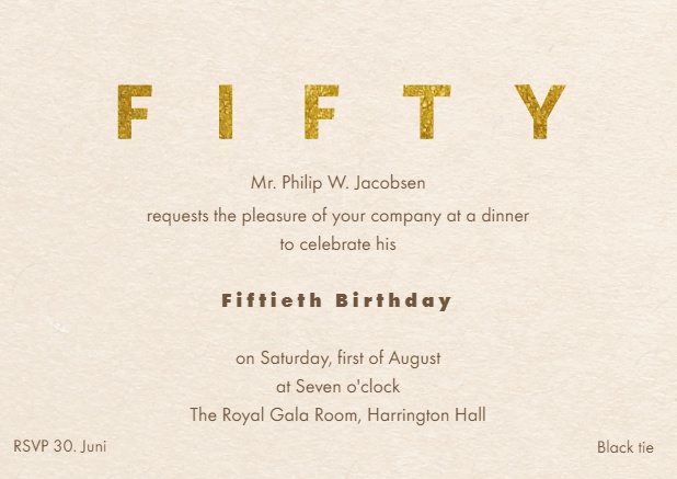Online 50th Birthday Invitation with golden FIFTY