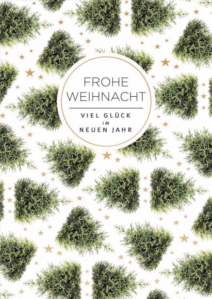 Online Weihnachtskarte mit vielen kleinen Weihnachtsbäumen Braun.