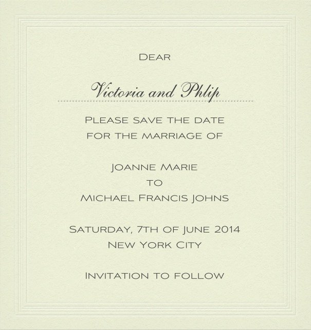 Classic wedding save the date card in high format with personal addressing or recipient.