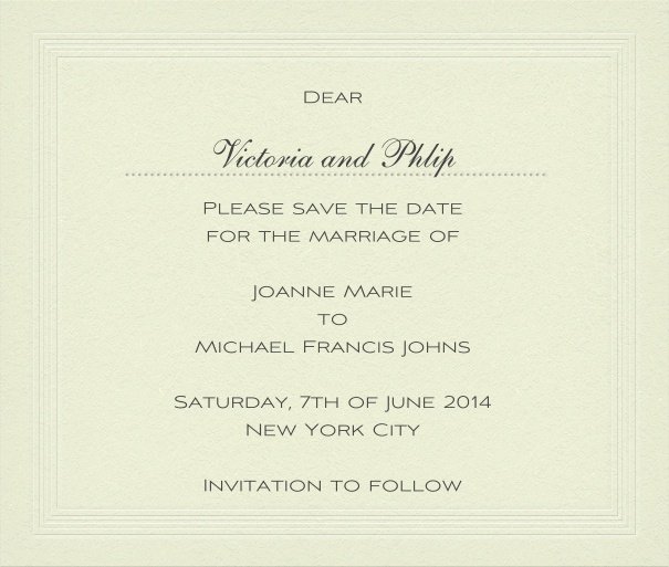 Classic wedding save the date card with personal addressing or recipient.