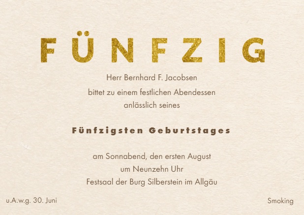 Online Einladungskarte mit goldenem FÜNFZIG oben auf der Karte
