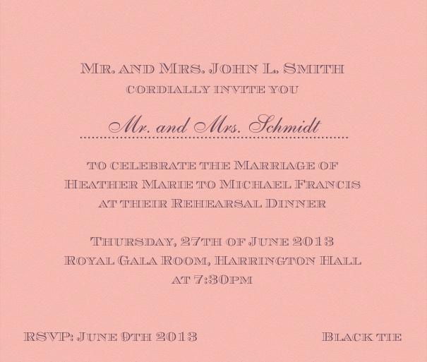 Pink classic Wedding Invitation Card with text box and space for recipient names.