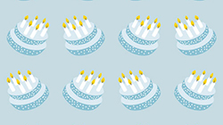 Illustration of blue and white birthday cake on light blue background